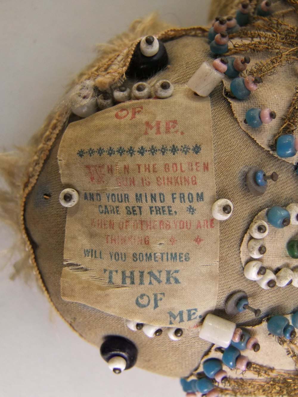 A WWI heart shaped sweetheart cushion with applied geometric bead work detail - South Wales - Image 4 of 4