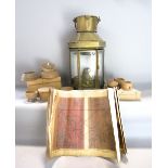 Brass and glass ships lantern, with hinged door, 40cm high; together with a collection of wooden