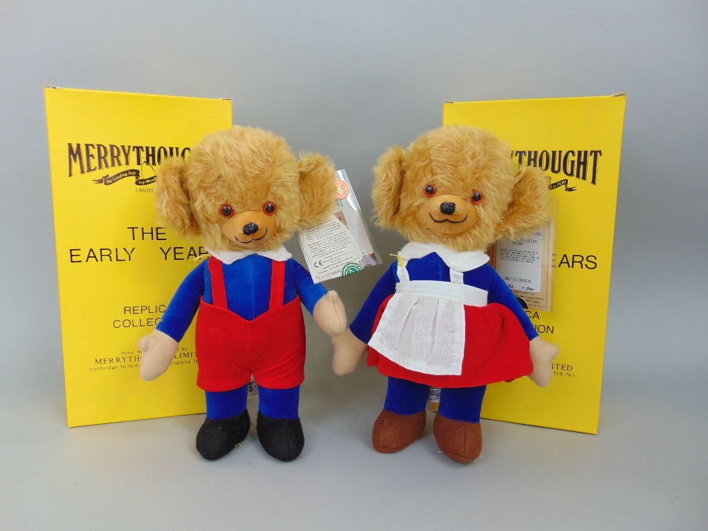 Two Merrythought replica bears, "Mr & Mrs Cheeky Twisty", both limited edition, with original