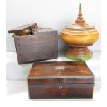 A mixed wood working lot to include an interesting oak studded box with iron strap work, together