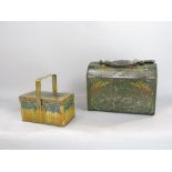 A vintage Palmers Brothers of Bristol printed tin plate box in the form of a picnic hamper and a