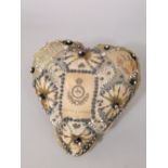 A WWI heart shaped sweetheart cushion with applied geometric bead work detail - South Wales