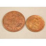 Queensland bronze 1 penny 1864 to the reverse J Sawyer Wholesale/Retail Tobacconist, Brisbane and