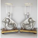 Pair of novelty table lamps fitted with tin jelly moulds in the form of ducks, 30cm high