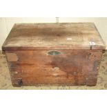 A late 19th century pine and steel banded tool box, containing a miscellaneous collection of vintage