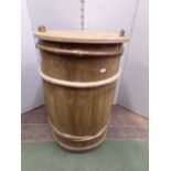 19th century coopered pine barrel and cover with timber lathes, 70cm high
