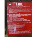 A vintage enamel 'fire' drill sign, with white lettering upon a red ground, 56 x 43 cm