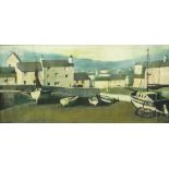 D* C* Bayley (20th century) - A harbour scene at low tide, coloured print with highlights, 30 x