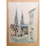 After L S Lowry, The Spires from Bishop Street, Coventry, watercolour on paper, bears