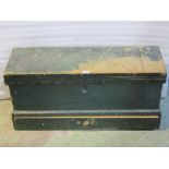 A vintage green stained pine carpenters tool chest with hinged lid enclosing removable trays