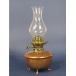 Small arts and crafts style table oil lamp, with copper body and brass fittings