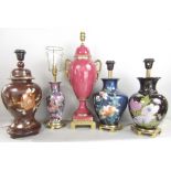 A selection of five various Chinese style baluster vases, all adapted to lamps