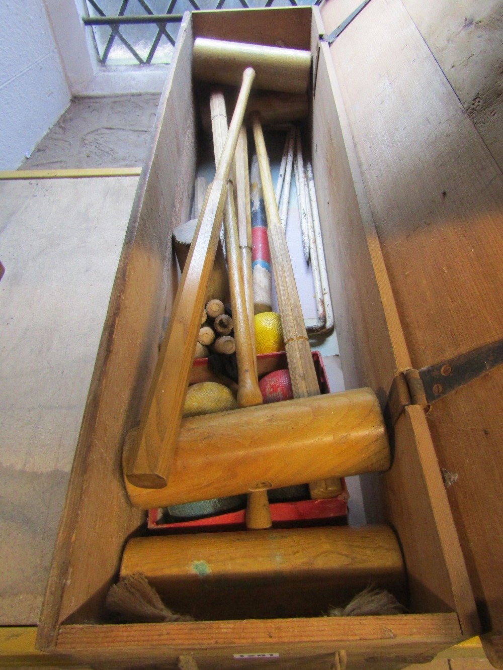 A traditional vintage croquet set in a pine case comprising four mallets, hoops, markers and balls - Image 2 of 2