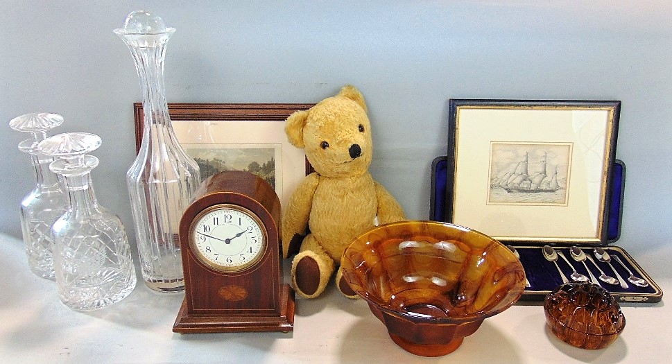 A mixed miscellaneous lot to include an Edwardian lancet mantel clock, three decanters, a mohair