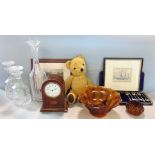 A mixed miscellaneous lot to include an Edwardian lancet mantel clock, three decanters, a mohair