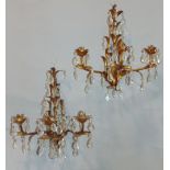 Pair of three branch crystal drop wall lights, each 44cm high (2)