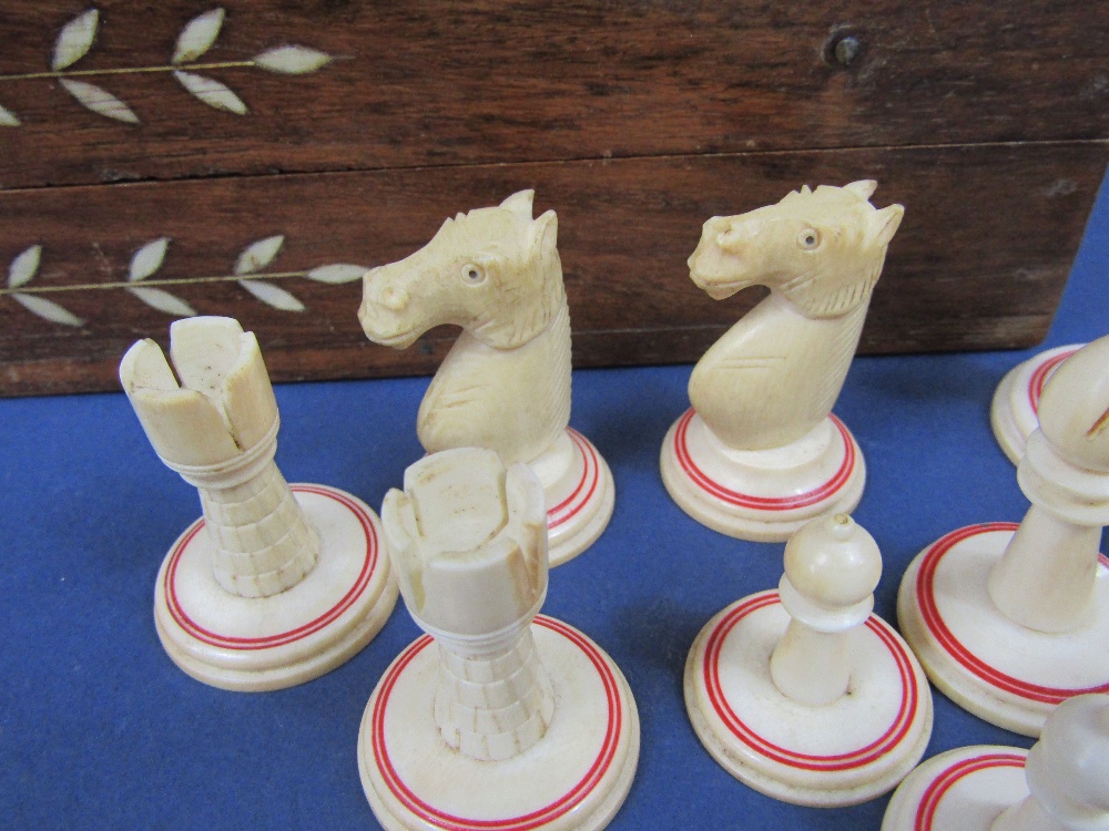 19th century Indian carved ivory chest complete chess set complete with well carved Rooks and - Image 2 of 2