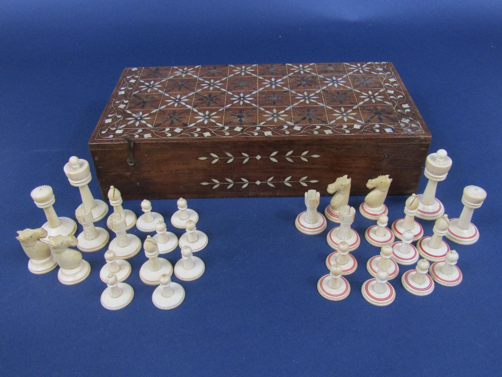 19th century Indian carved ivory chest complete chess set complete with well carved Rooks and