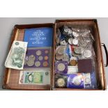 Small briefcase containing mixed English coinage, crown, £5 coins, bronze, proof sets, etc