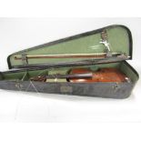 Cased and labelled three quarter size violin, with bow