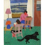 After Milton Avery (1885 - 1965, American) - Interior study of two seated figures with a dog at