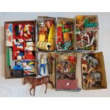 A collection of vintage toys including a box of Lego with Britains long wheel base Land Rovers,