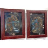 Pair of Chinese relief work pictures of pagoda garden landscapes in red lacquered frames, each 54
