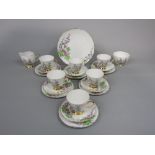 A six place Old Royal Bone China Hollyhock pattern tea service including milk jug, sugar bowl and