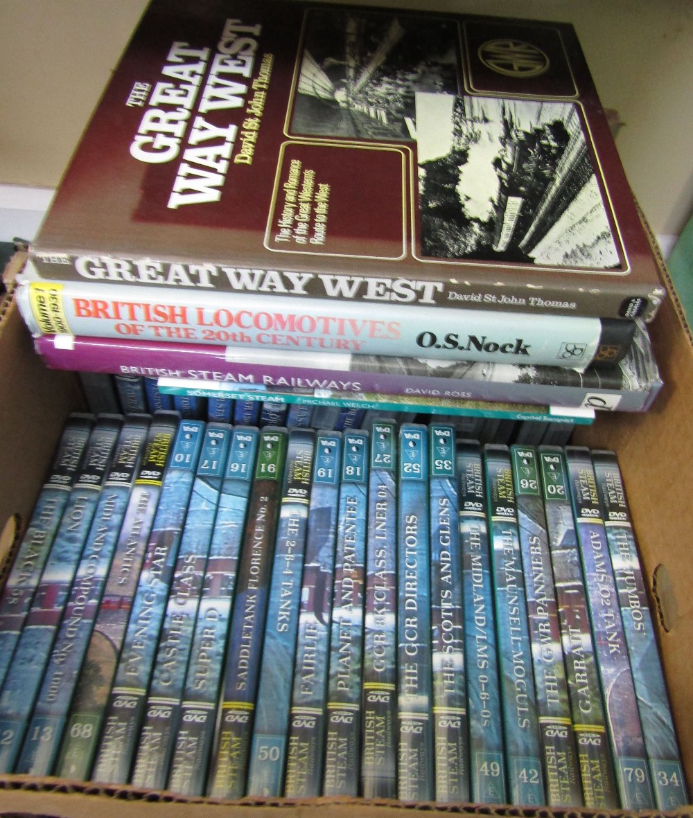 A box containing a large number of railway related dvd's together with four train books - Image 2 of 2