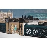 Sheila Robinson (1925-1988) - 'Trent Bridge, Chloe & Ben', signed and dated 1955, linocut, 37 x