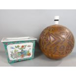 A studio pottery table lamp of globular form with incised decoration together with a Chinese