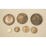 Elizabeth I silver shilling, James I silver shilling, George IV half crown 1821, two George III