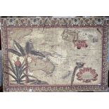 A machine made tapestry panel showing an early map of the East Indies within a repeating geometric