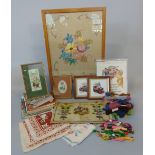 Collection of embroidery effects including a needlepoint panel dated 1866, floral embroidered