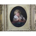 19th century school - Study of a child with an apple, oil on board, unsigned, oval, 18cm max, in