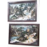 A pair of Chinese reverse glass painted landscapes decorated with figures in a waterfall