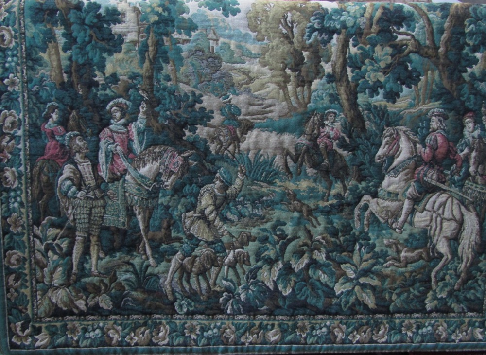 A machine tapestry panel showing an Elizabethan hawking scene