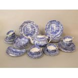 A quantity of Copeland Spode Italian pattern blue and white printed wares comprising tea pot, cake