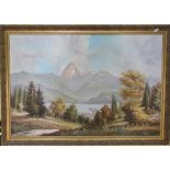 Haldon (20th century) - Panoramic mountainous landscape with sailing boats, oil on board, signed, 60