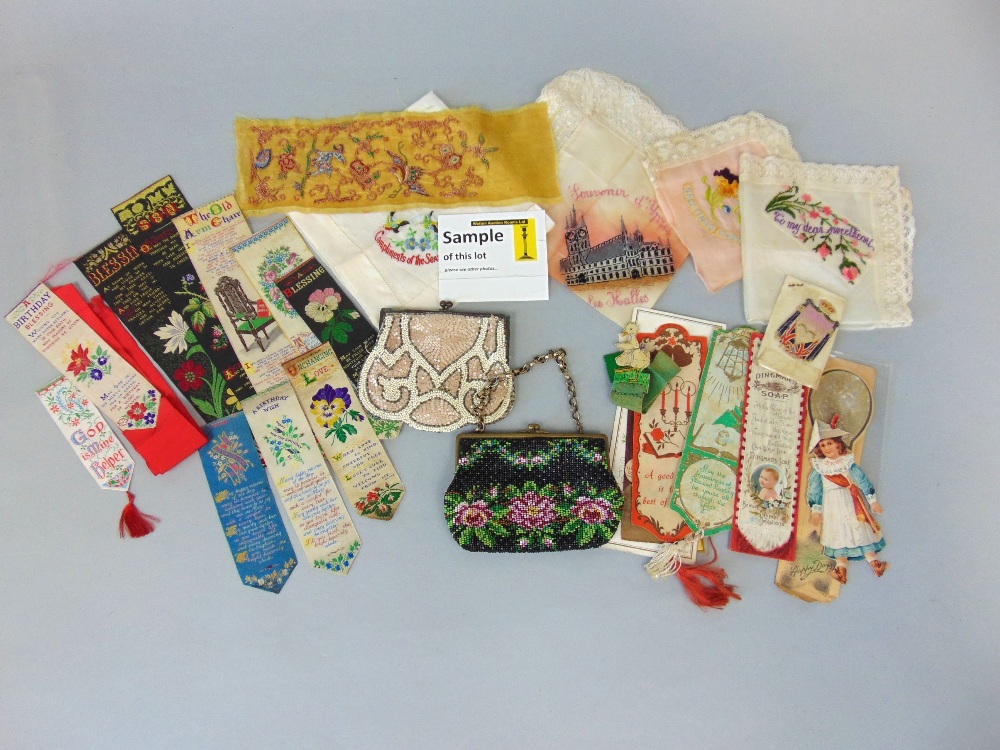 Vintage collection of textiles and ephemera including ten embroidered bookmarks mostly by T Stevens,