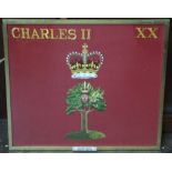 A set of four silkwork embroidered panels on red ground, all showing royal military crests including