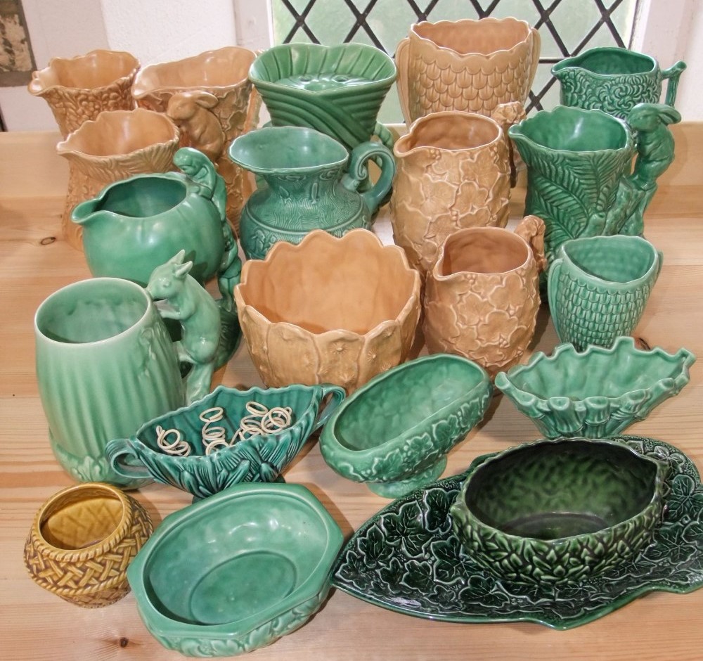 A collection of Sylvac jugs and vases in green and buff glazed finishes including example in the - Image 2 of 5