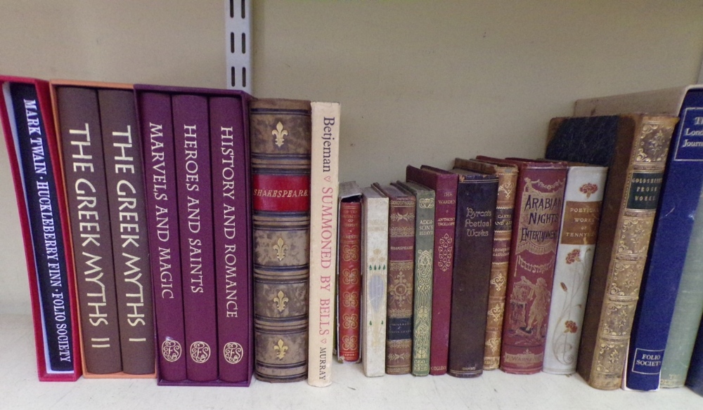 A mixed collection of books including late 19th century and other literature, some leather bound,