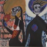 20th/21st century British - Uzi Suicide, abstract study with figures with skull masks, oil on