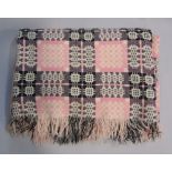 Welsh blanket, 210 x 150 cm, reversible with fringing, in black, white and pink colours