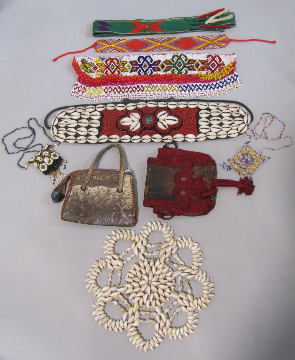 Small collection of bead and shell work including a 104 cm narrow belt length, further bead