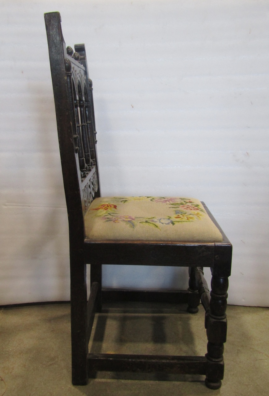 A single Yorkshire oak side chair with simple mouldings and carved detail and hand worked tapestry - Image 2 of 2