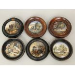 A collection of six Prattware pot lids including a cat bitten by a lobster, Both Alike - terriers