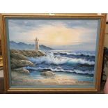 T Wesley (20th century) - Coastal scene with lighthouse, oil on canvas, signed, 49 x 59cm, framed,