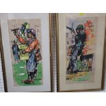 Reni Landin (20th century continental school) - Street vendors, (pair) prints with over painted